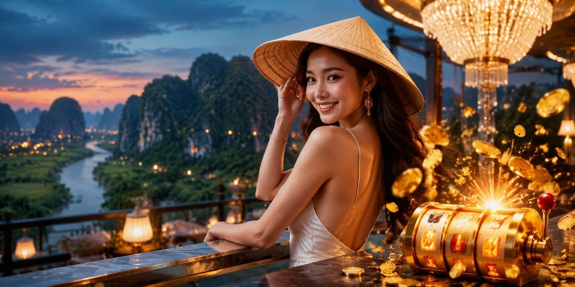 Người chơi slot game tại Ninh Bình với khung cảnh thiên nhiên đặc trưng nón lá Việt Nam